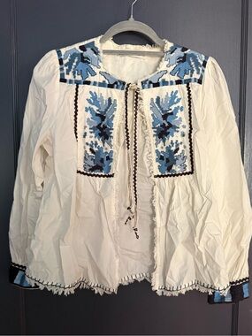 Zara Embroidered Blouse - White with Blue Floral Motif